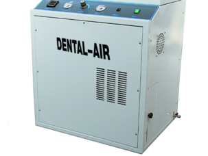 Безмасляный воздушный компрессор Werther Int Dental Air на 2 установки в закрытом шумоизоляционном кожухе серого цвета с надписью Dental-Air.