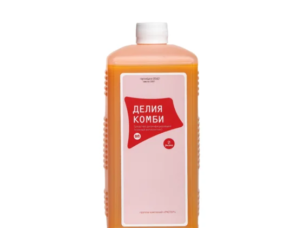 Флакон окрашенного антисептика Делия комби ОП, 1 л, с оранжевым раствором и белой крышкой