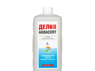 Флакон бесспиртового кожного антисептика Делия-аквасепт, 1 л, с белой крышкой и красно-голубой этикеткой